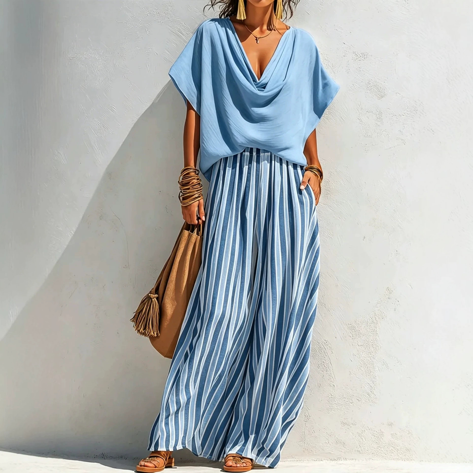 Women's Solid-color Cowl-neck Short-sleeve Loose-fit Cotton-linen Top & Elastic-waist Striped Wide-leg Cotton-linen Pants Set