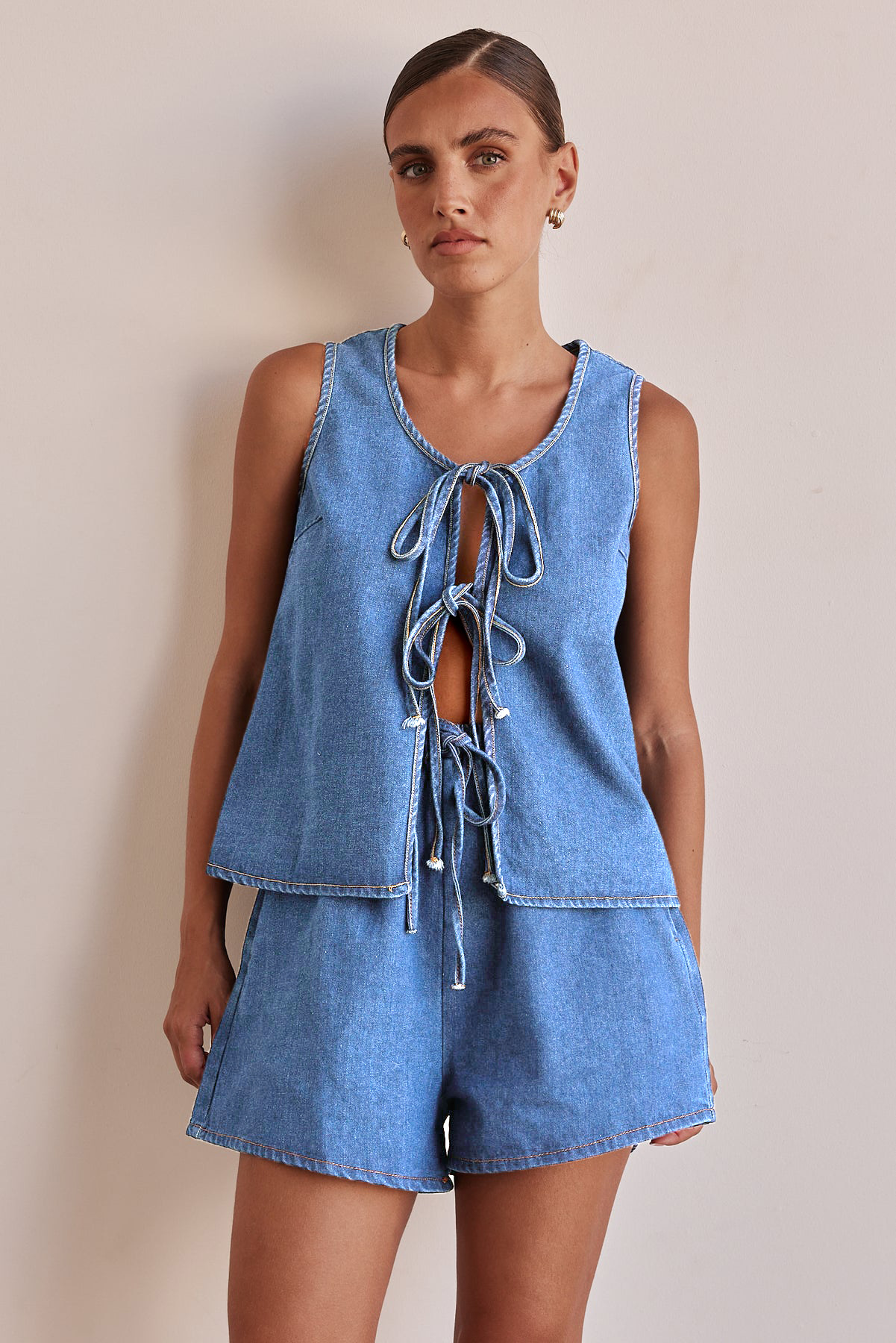 Tie Front Sleeveless Denim Two-Piece Short Set
