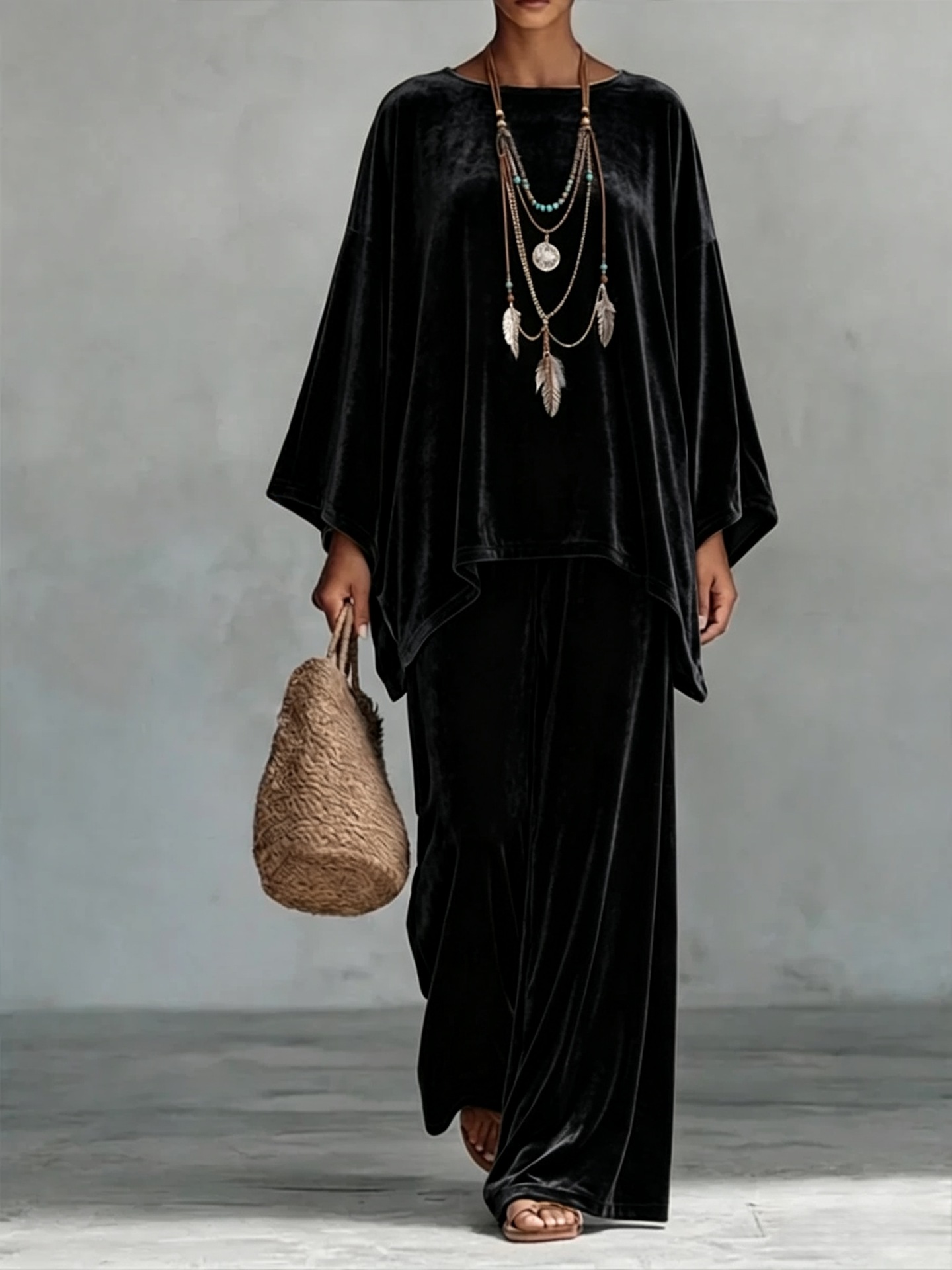 2‑Piece Velvet Co‑Ord Set | Oversized Batwing‑Sleeve Top & Wide‑Leg Palazzo Pants Boho Loungewear Outfit