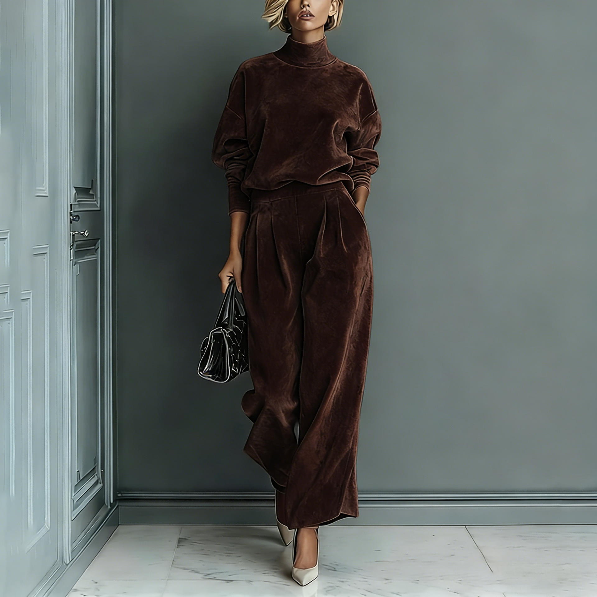 2‑Piece Velour Co‑Ord Set | Oversized Turtleneck Long‑Sleeve Top & Pleated Wide‑Leg Pants Elegant Loungewear Outfit