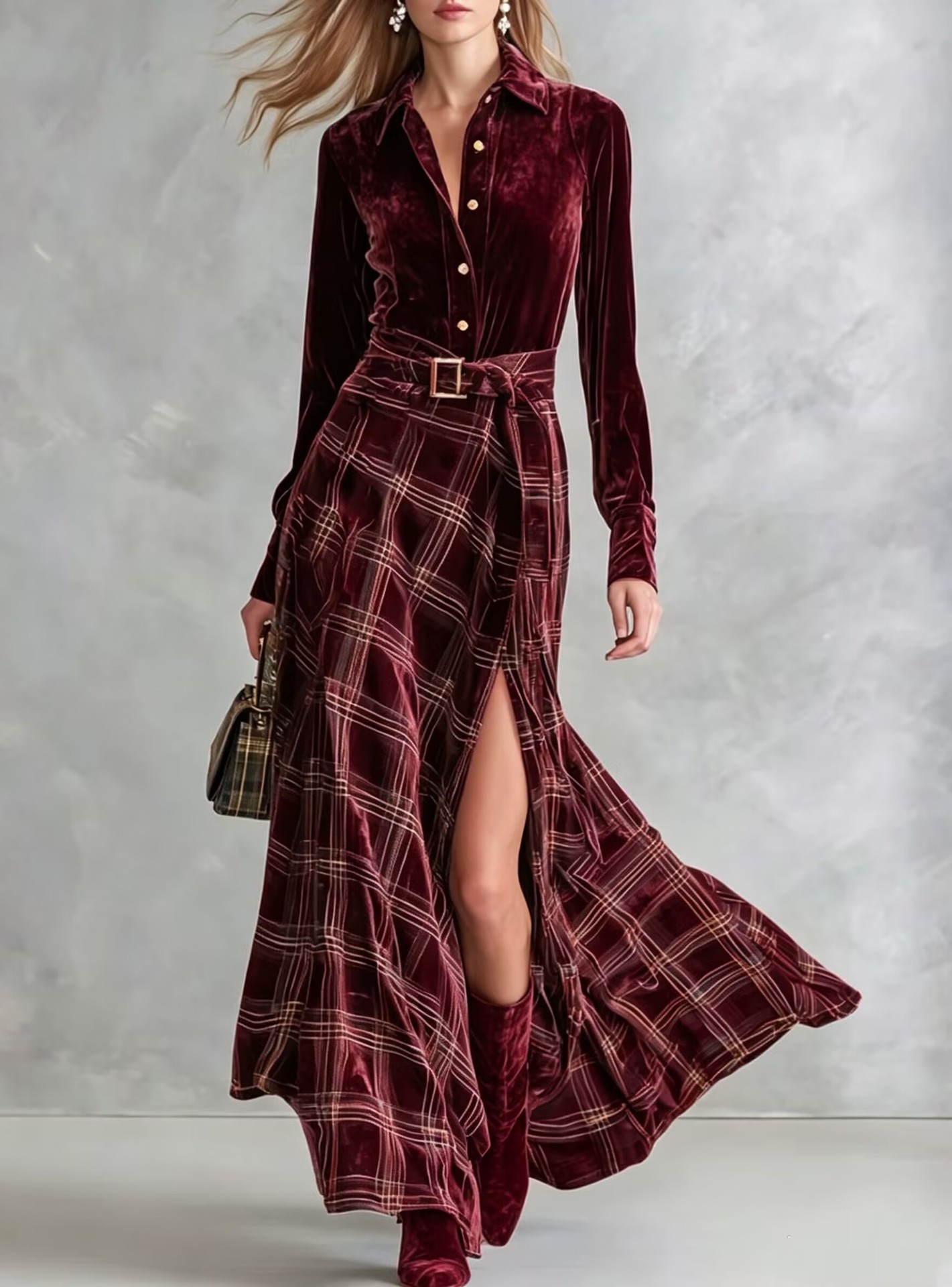 Green Velvet Shirt And Plaid High Slit Maxi Dress Set With Belt