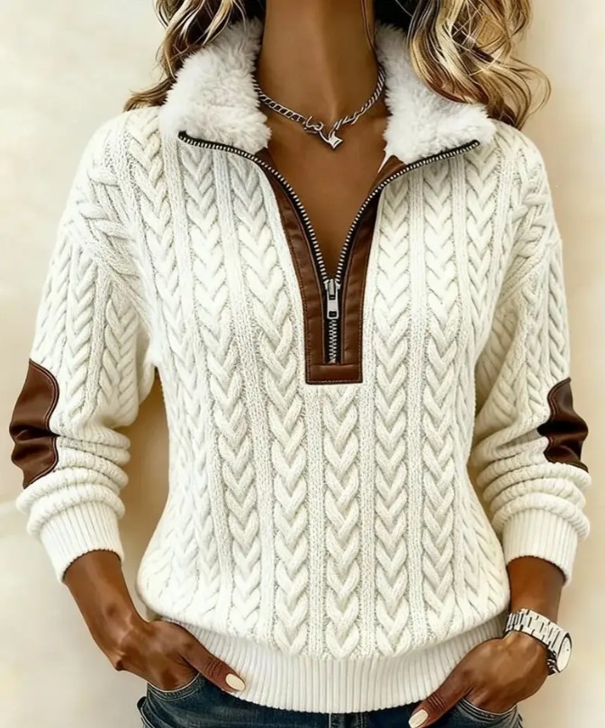 Faux Fur Collar Knit Pullover | Zip Neck Textured Sweater Top