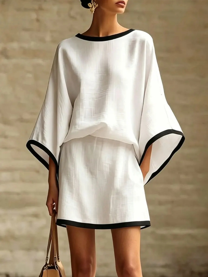 Contrast Black Trim Batwing Sleeve Top & Mini Skirt Two-Piece Matching Set