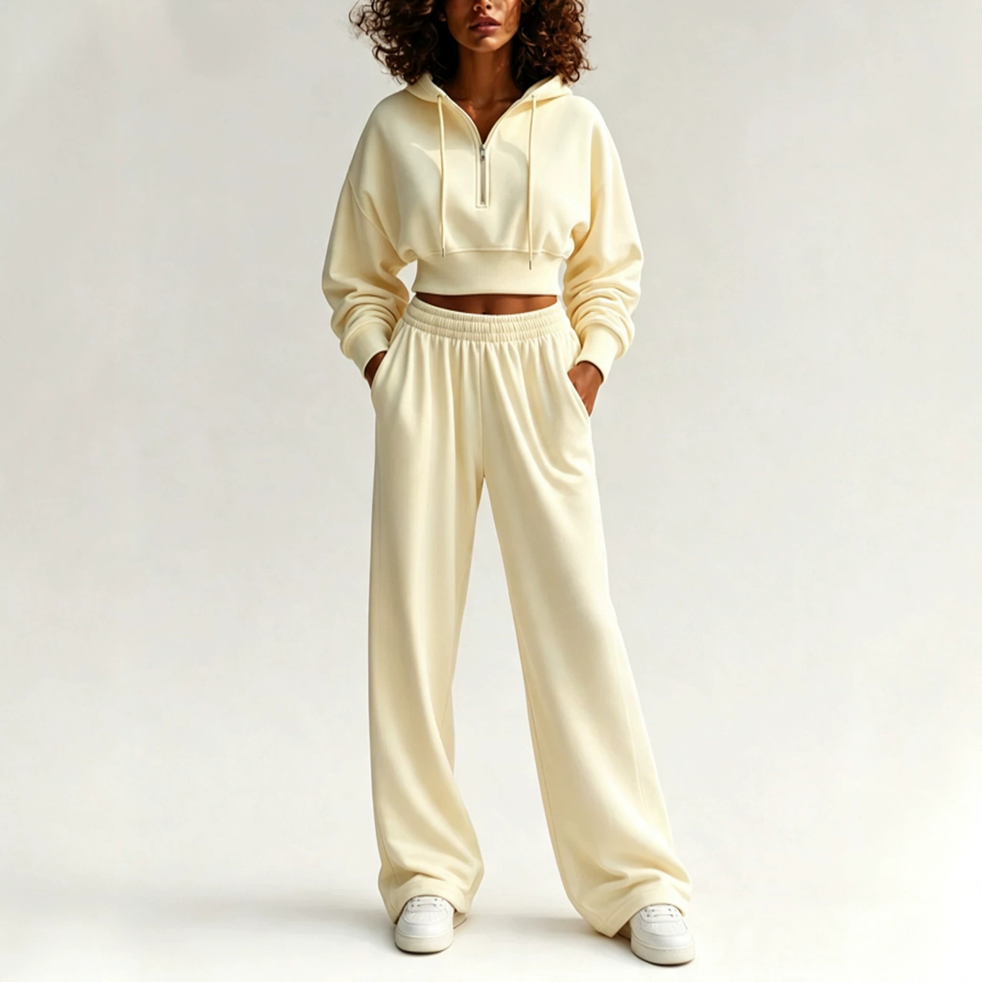 2‑Piece Sweat Co‑Ord Set | Cropped Half‑Zip Hoodie & Elastic Waist Wide‑Leg Sweatpants Casual Streetwear Outfit