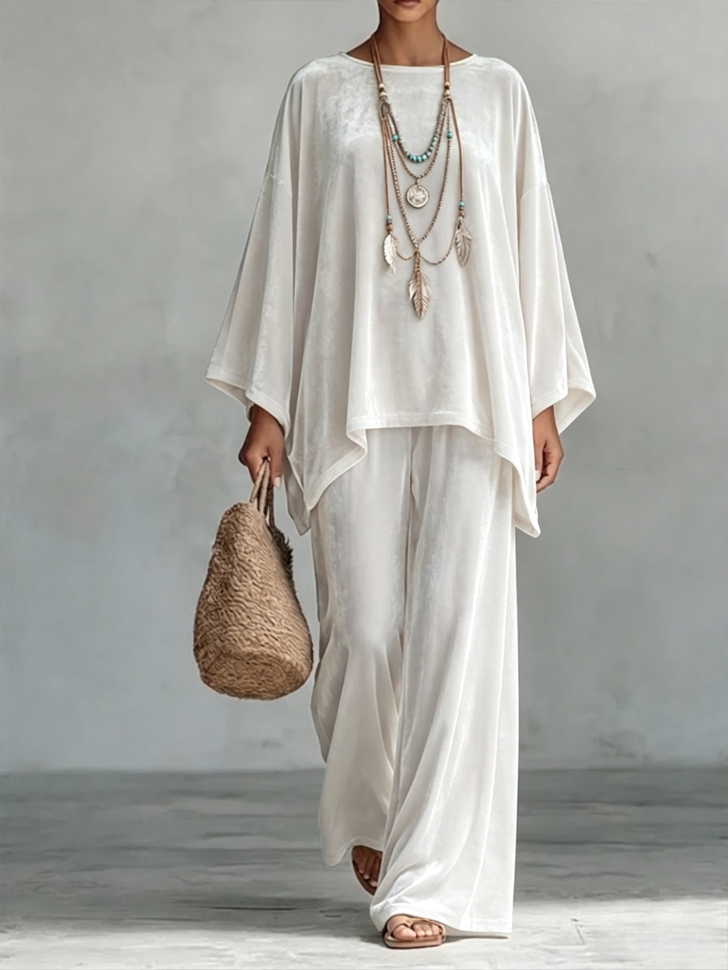2‑Piece Velvet Co‑Ord Set | Oversized Batwing‑Sleeve Top & Wide‑Leg Palazzo Pants Boho Loungewear Outfit