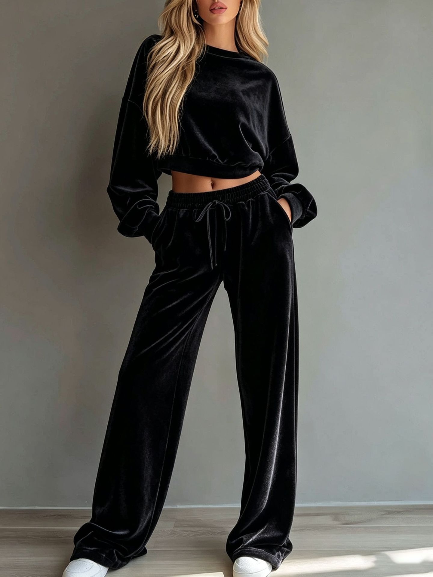 2‑Piece Velour Co‑Ord Set | Drop‑Shoulder Cropped Sweatshirt & Drawstring Wide‑Leg Pants Casual Loungewear Outfit
