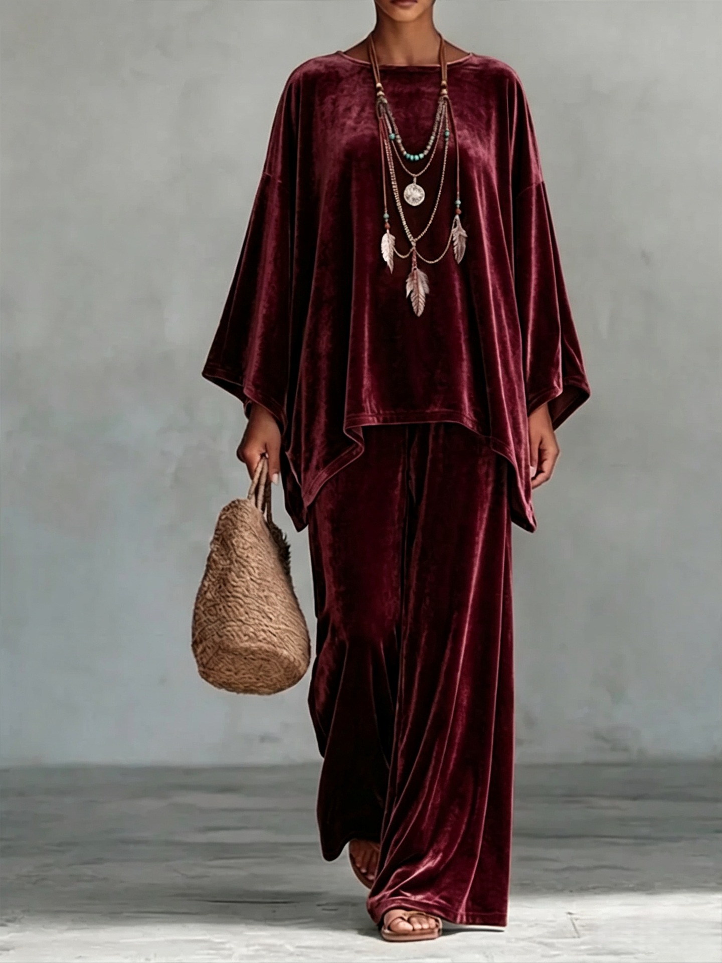 2‑Piece Velvet Co‑Ord Set | Oversized Batwing‑Sleeve Top & Wide‑Leg Palazzo Pants Boho Loungewear Outfit
