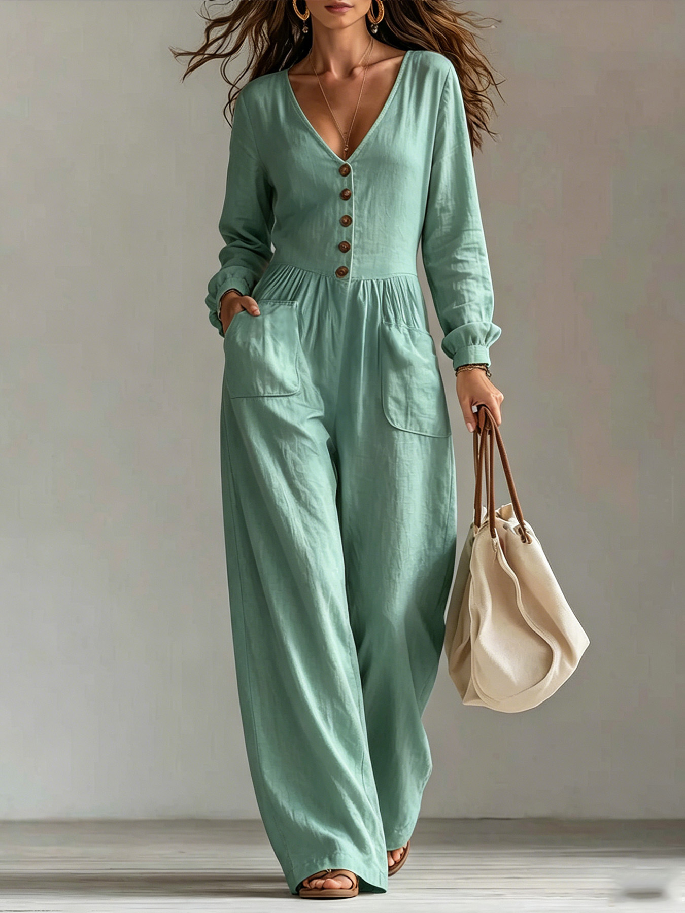 V‑Neck Button Front Linen Blend Jumpsuit | Long Sleeve Elastic Waist Wide Leg Jumpsuit with Pockets
