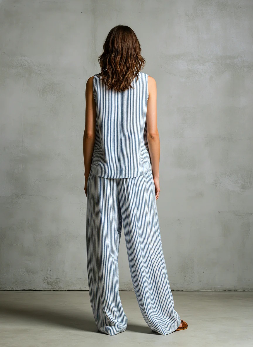 Stand Collar Split V Neck Sleeveless Striped Top & Drawstring Waist Wide Leg Pocket Pants Two Piece Matching Set