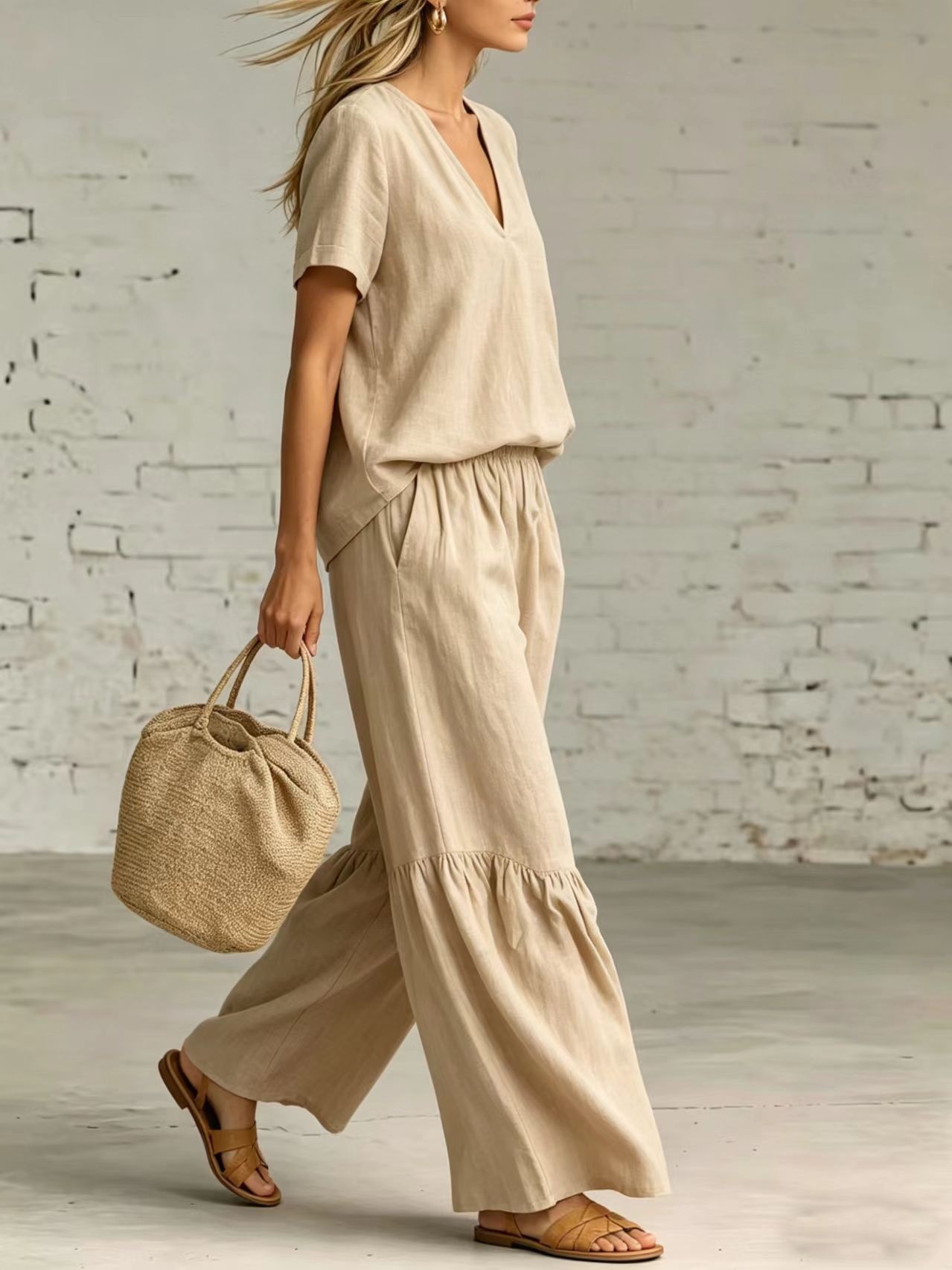 V-Neck Short Sleeve Top Ruffle Wide Leg Two Piece Matching Set