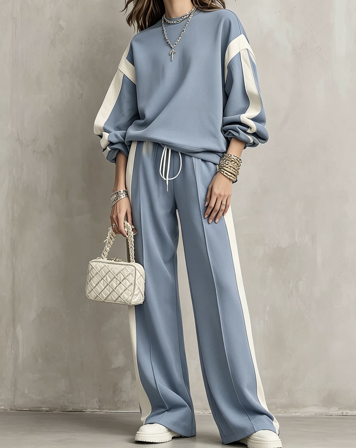 Olive Green Crew-neck Sweatshirt And Drawstring Wide-leg Pants Casual Set