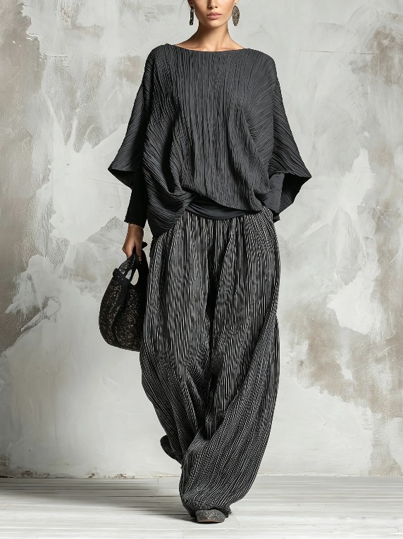 Relaxed Pleated Batwing Top and Wide-Leg Pants Two-Piece Set