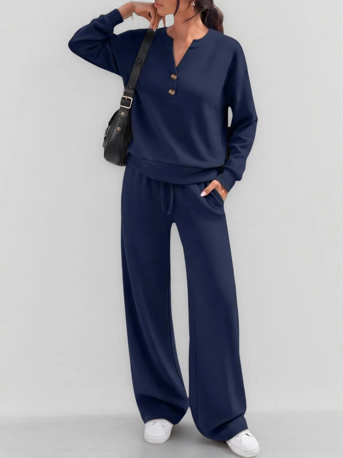 Henley Button‑Notch Sweatshirt & Drawstring Wide‑Leg Two‑Piece Loungewear Set