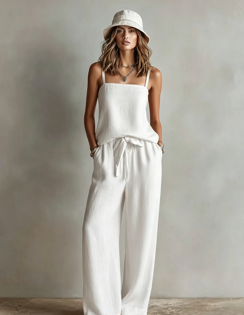 Women's Orange Linen Two-Piece Set With Square Neck Cami Top & Tie-Waist Wide-Leg Pants, Timeless Boho-Resort Style Set MDZ0825D5I
