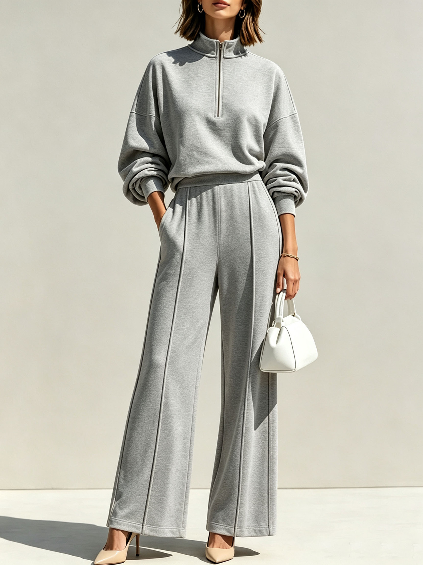 2‑Piece French Terry Co‑Ord Set | Half‑Zip Stand Collar Sweat Top & Seam‑Detail Wide‑Leg Pants Elevated Loungewear Outfit