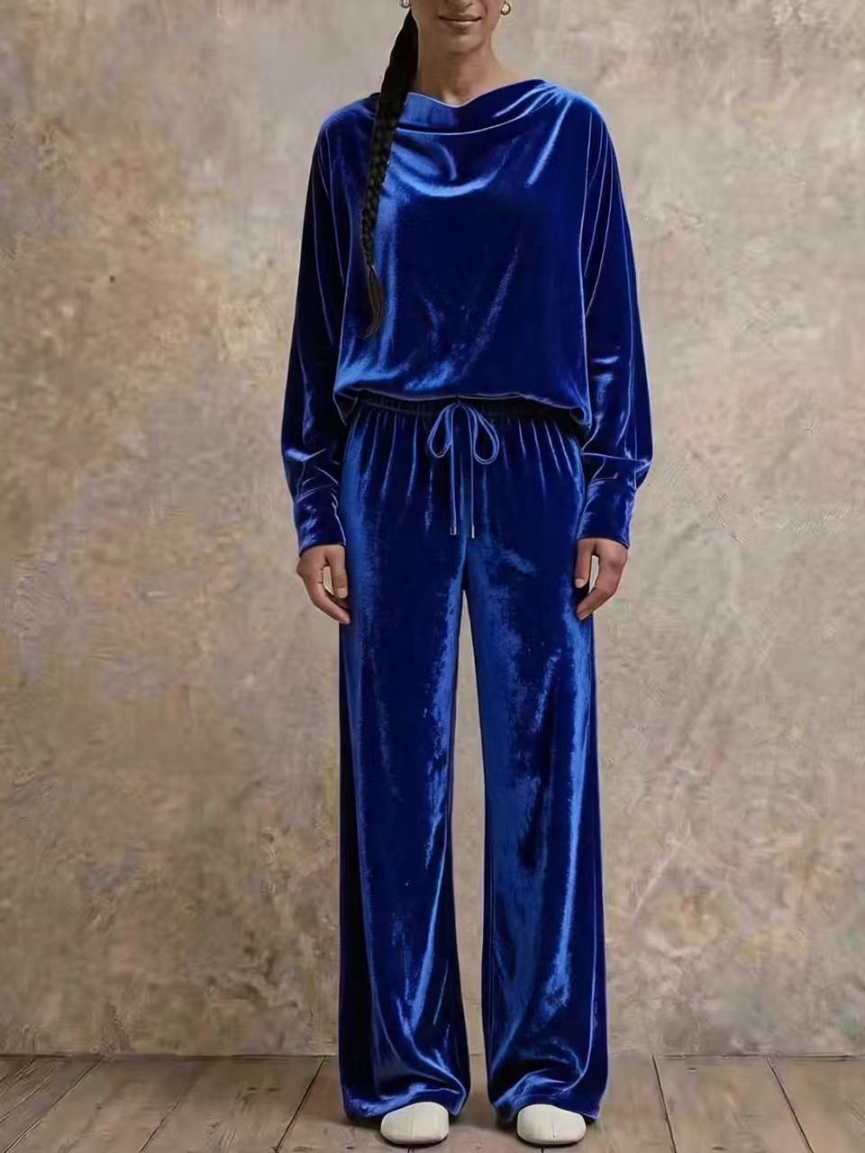 2‑Piece Velvet Co‑Ord Set | Draped Cowl Neck Long‑Sleeve Top & Drawstring Elastic Waist Wide‑Leg Pants Elegant Loungewear Outfit