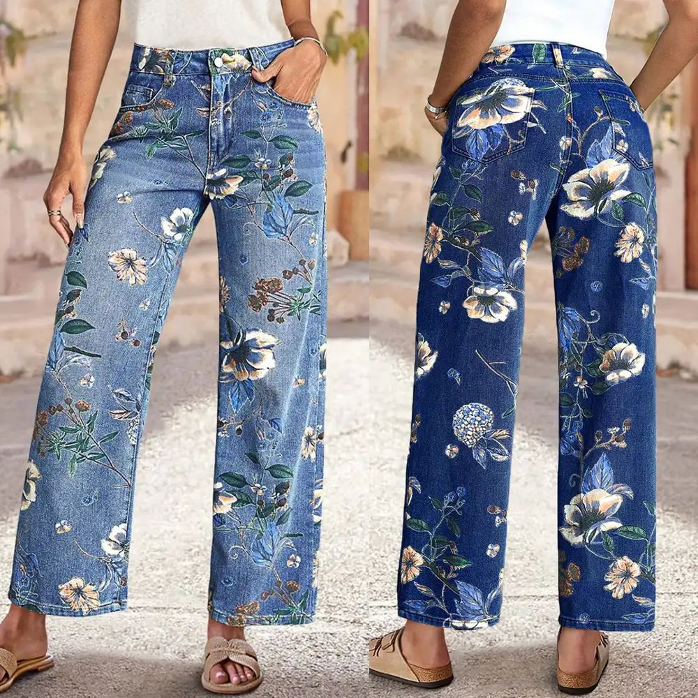 Women Floral Print Wide Leg Jeans