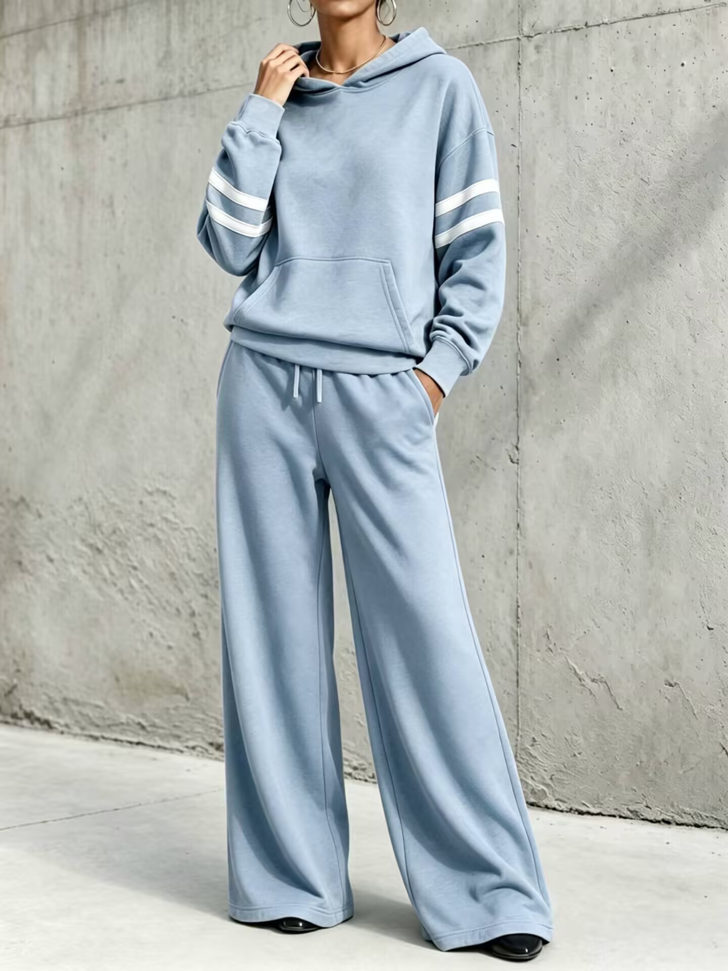 Striped‑Sleeve Hooded Wide‑Leg Tracksuit Two‑Piece Set