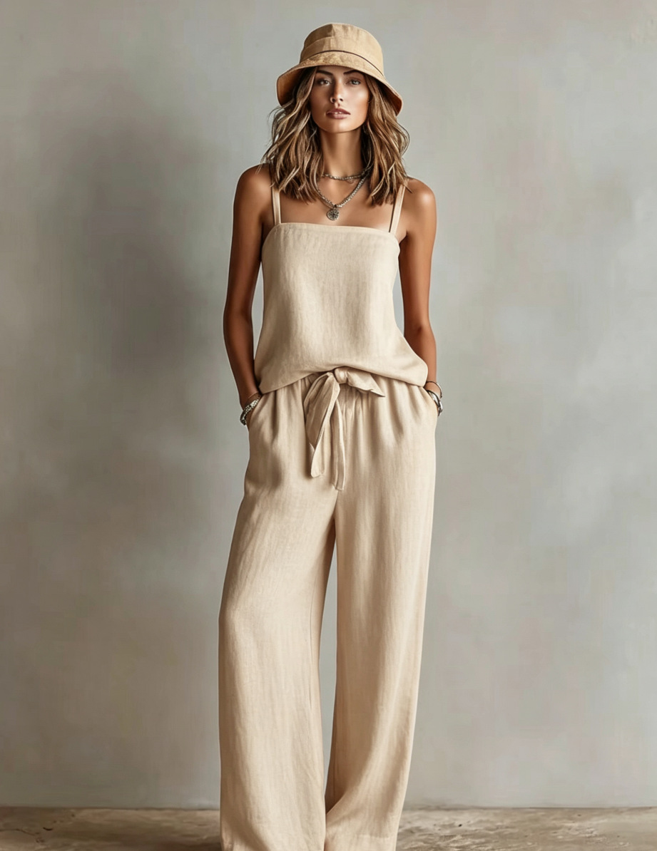 Women's Orange Linen Two-Piece Set With Square Neck Cami Top & Tie-Waist Wide-Leg Pants, Timeless Boho-Resort Style Set MDZ0825D5I