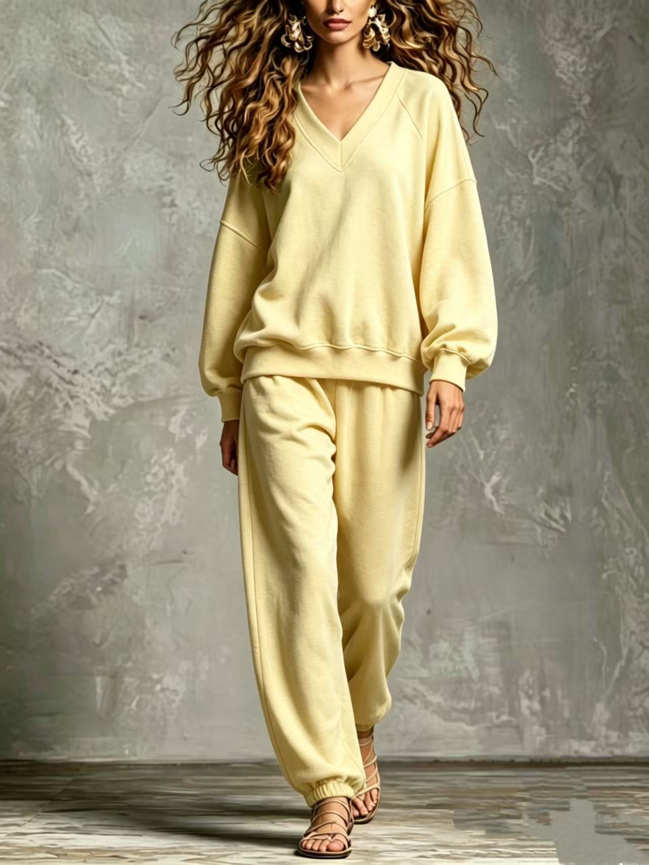 V‑Neck Raglan Sleeve Sweatshirt & Jogger Two‑Piece Loungewear Set
