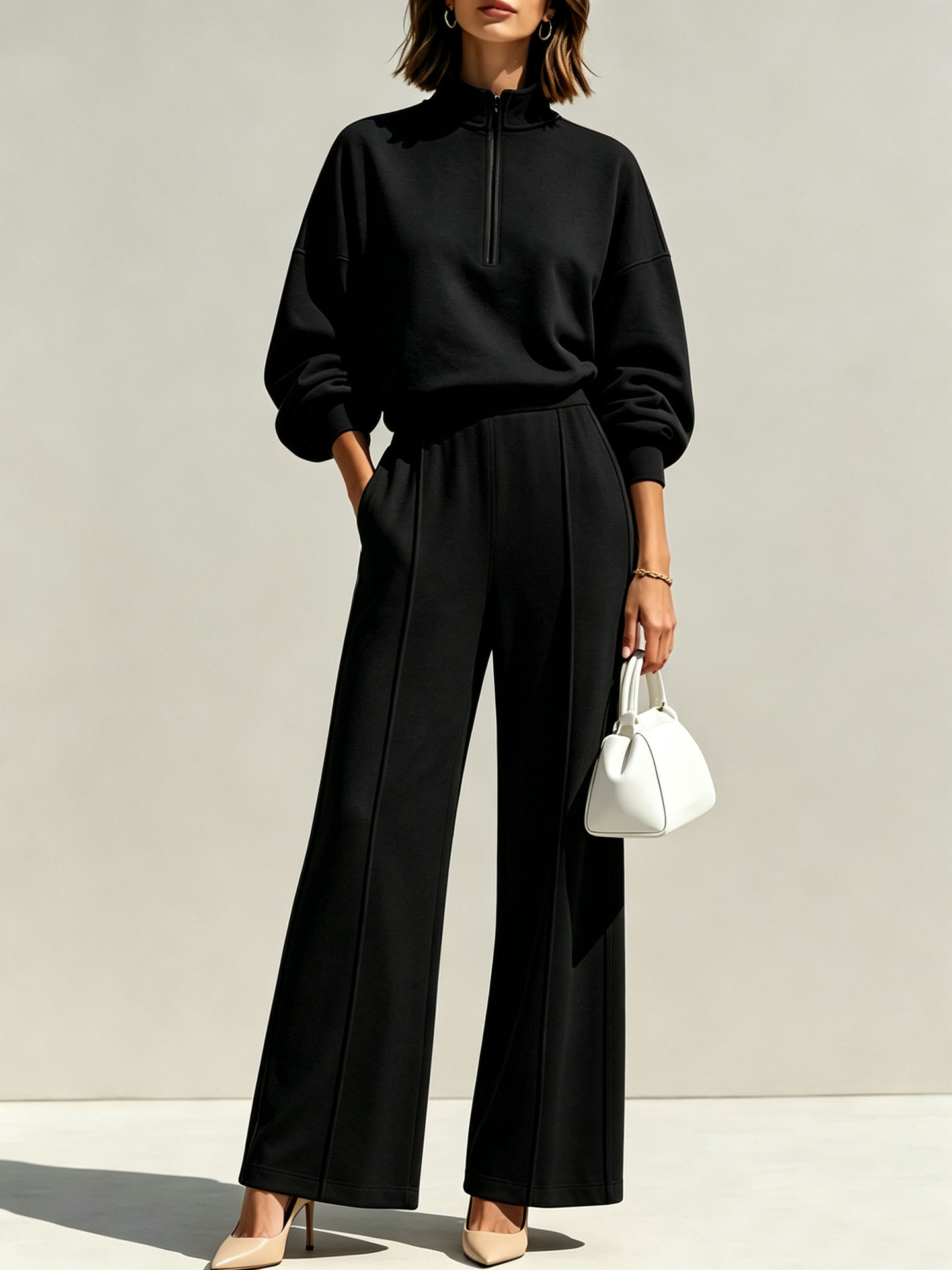 2‑Piece French Terry Co‑Ord Set | Half‑Zip Stand Collar Sweat Top & Seam‑Detail Wide‑Leg Pants Elevated Loungewear Outfit