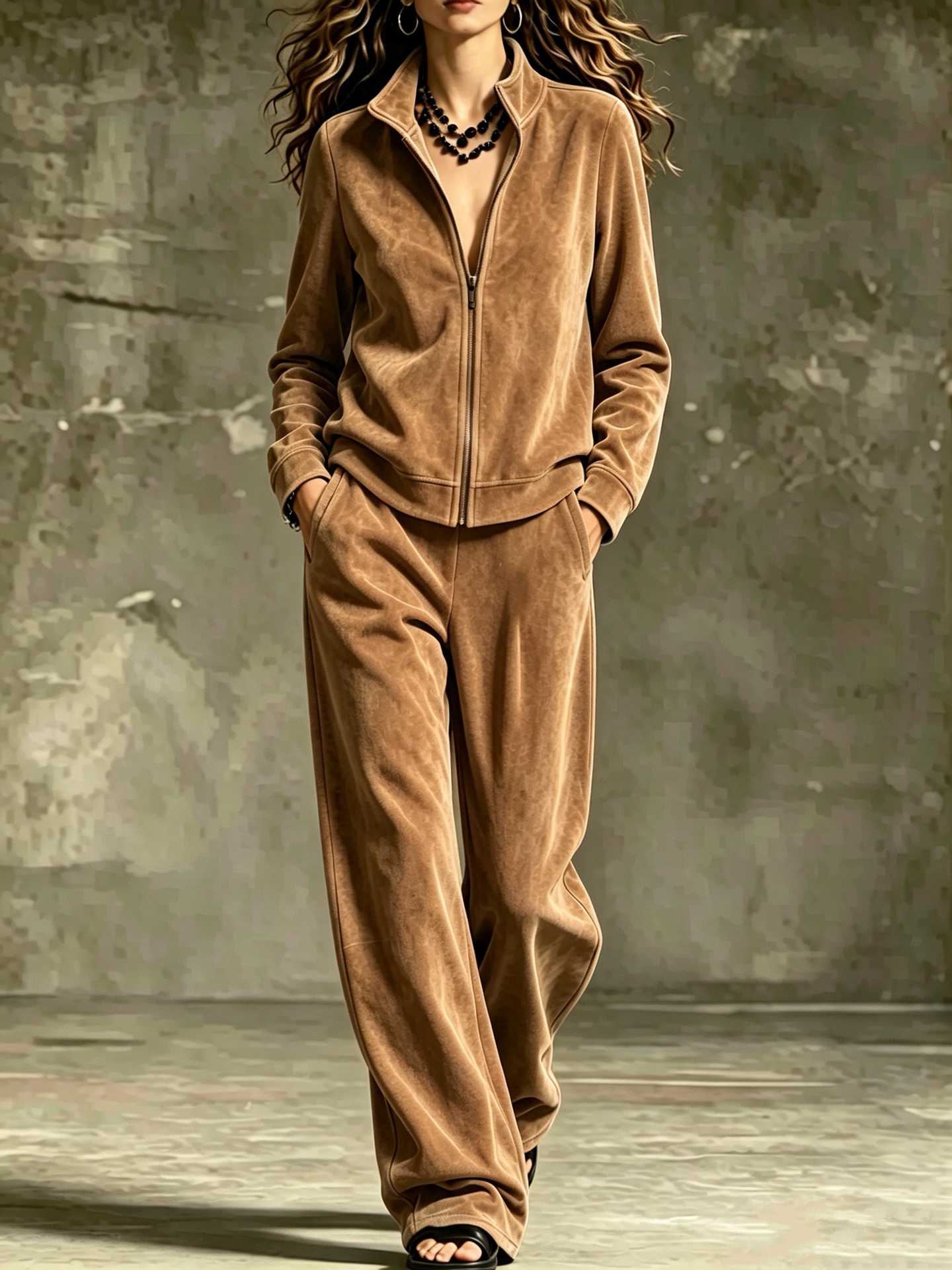 2‑Piece Velour Tracksuit Set | Full‑Zip Stand Collar Jacket & Wide‑Leg Pants Luxury Loungewear Outfit