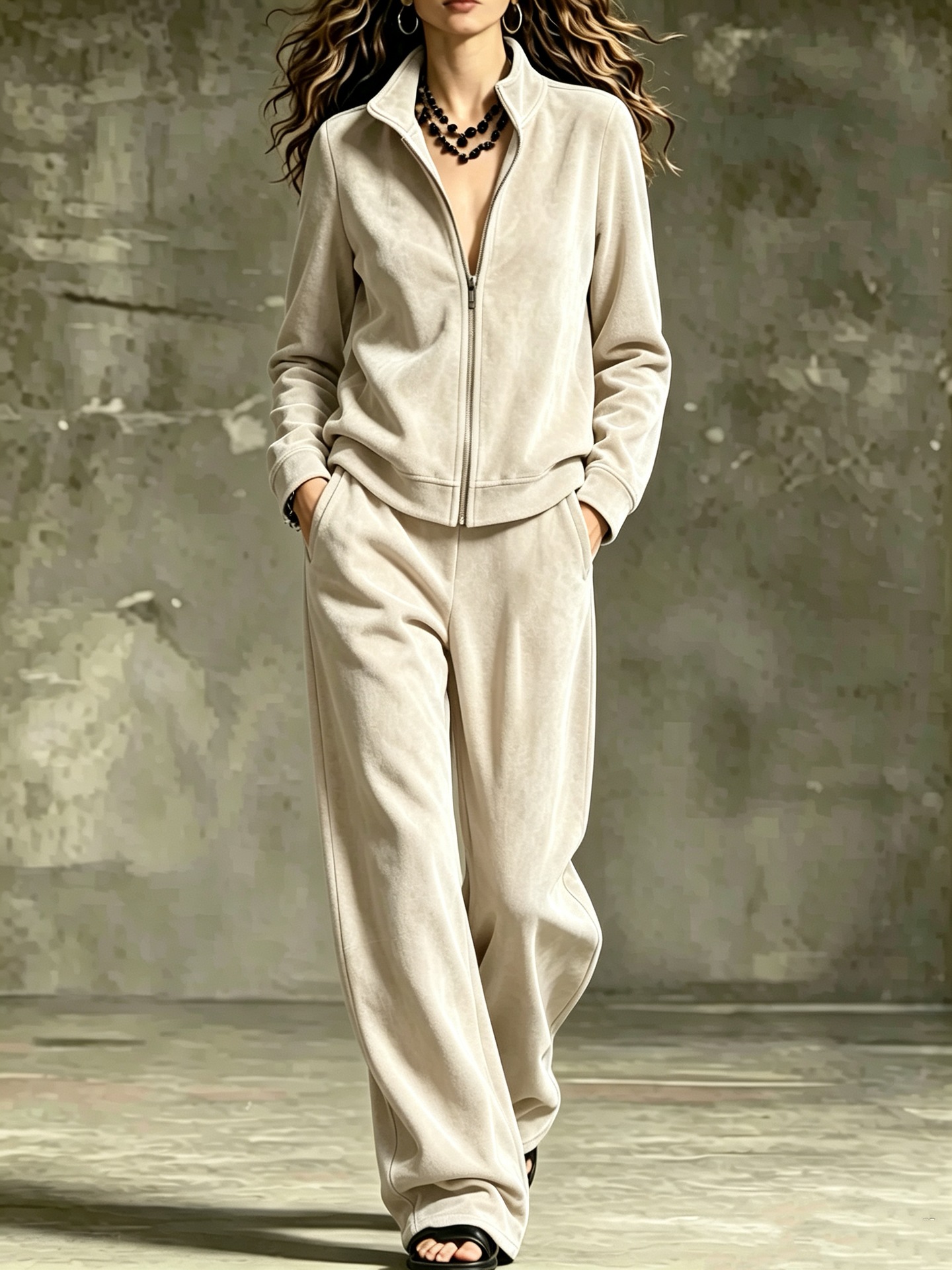 2‑Piece Velour Tracksuit Set | Full‑Zip Stand Collar Jacket & Wide‑Leg Pants Luxury Loungewear Outfit