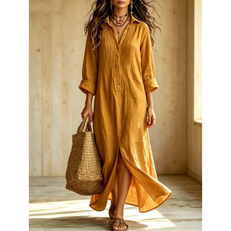 Linen Blend Shirt Maxi Dress | Roll‑Up Sleeve Button‑Front Loose Long Dress