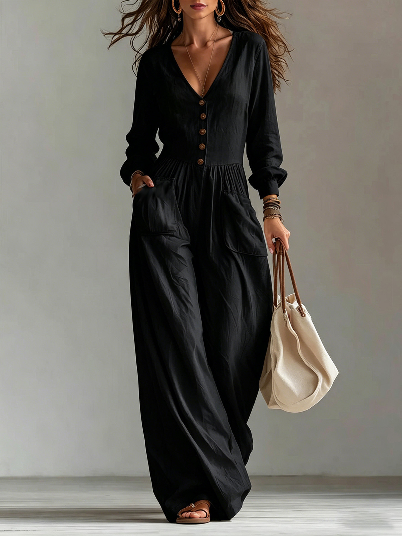 V‑Neck Button Front Linen Blend Jumpsuit | Long Sleeve Elastic Waist Wide Leg Jumpsuit with Pockets