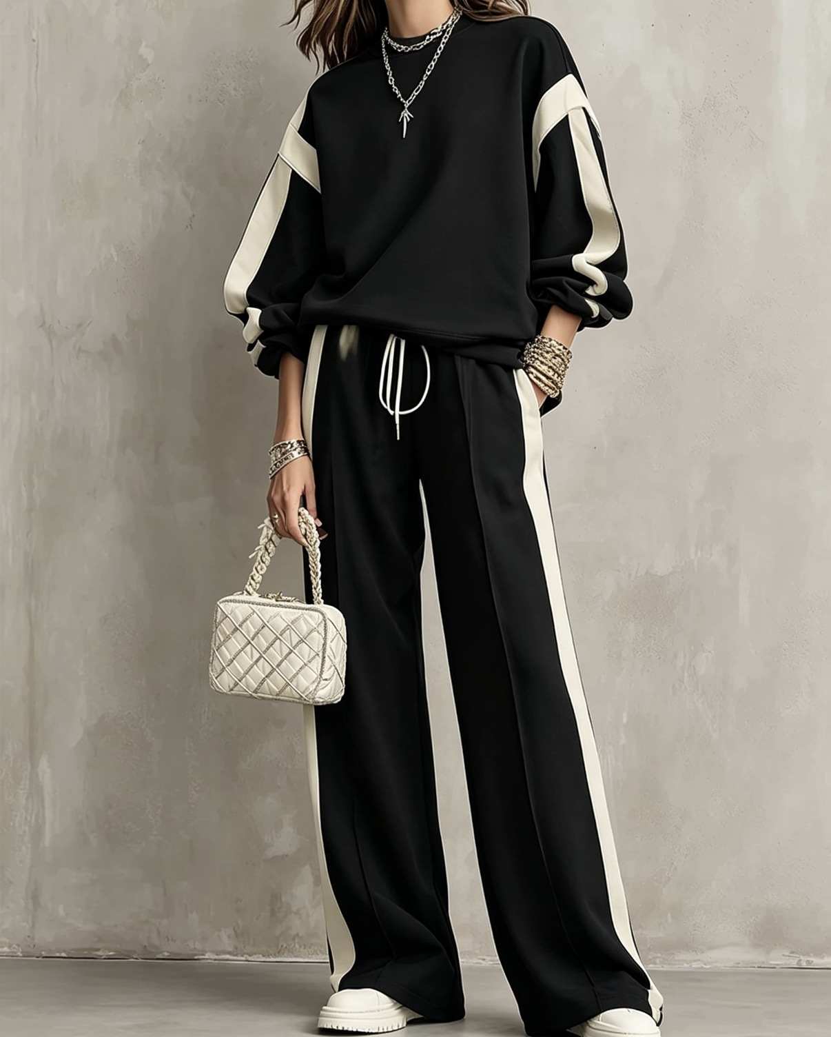 Olive Green Crew-neck Sweatshirt And Drawstring Wide-leg Pants Casual Set