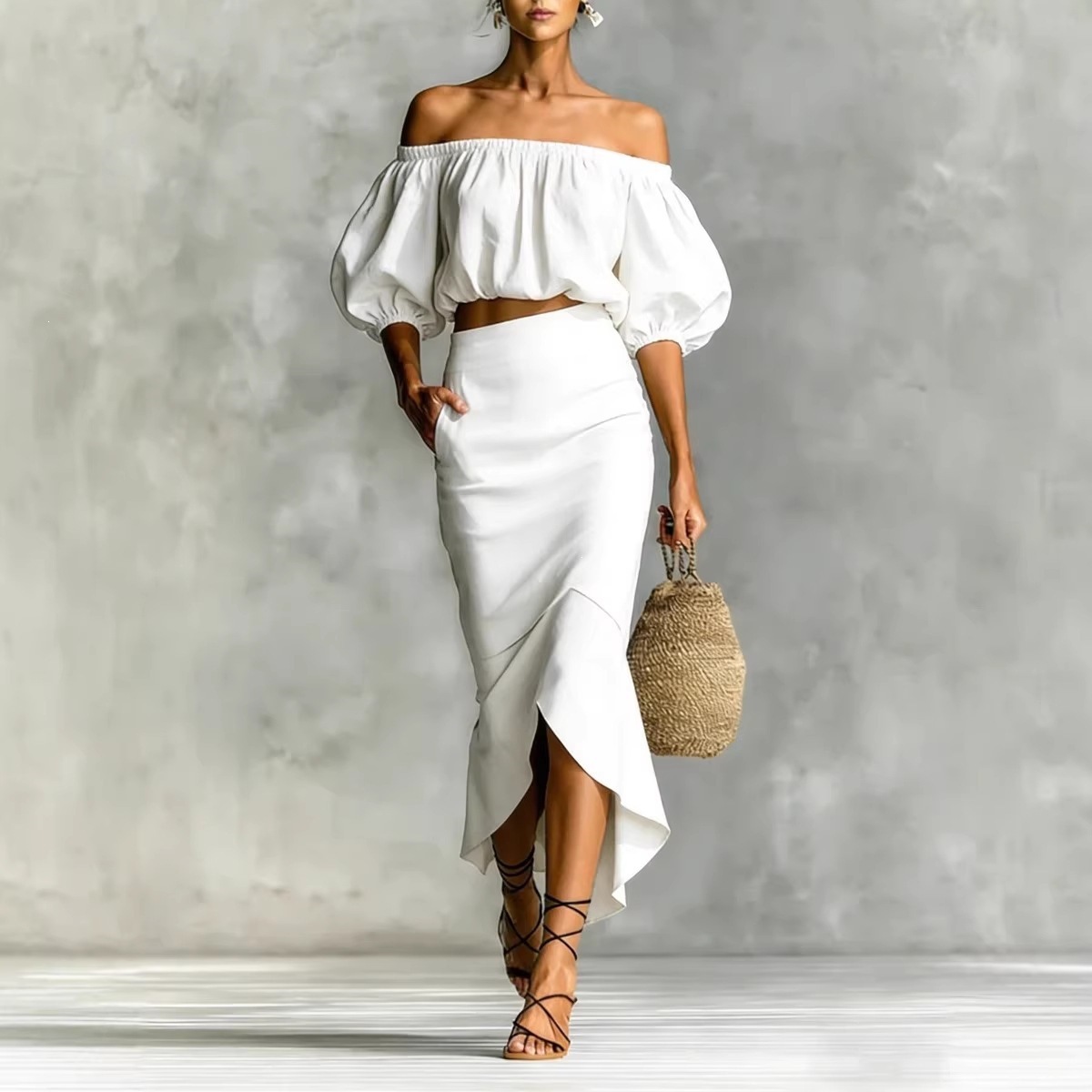 Off Shoulder Puff Sleeve Crop Top & High Waist Ruffle Midi Skirt Two Piece Matching Set