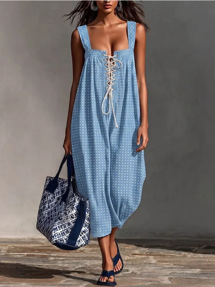 Square Neck Polka Dot Lace-Up Sleeveless Midi Dress