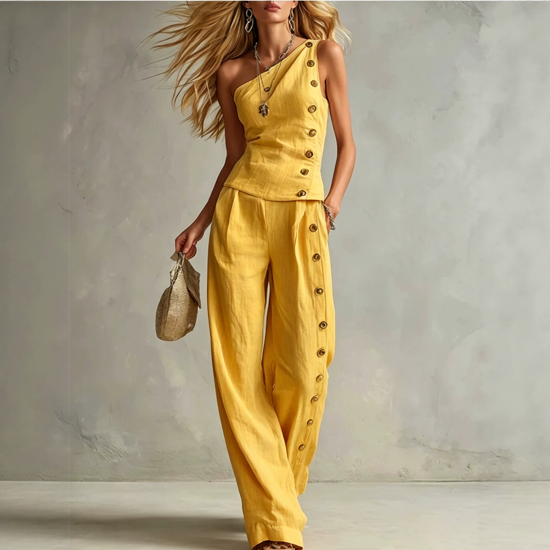 Urban Minimalist Off-White One-Shoulder Button-Detail Top & Wide-Leg Linen Trousers Set