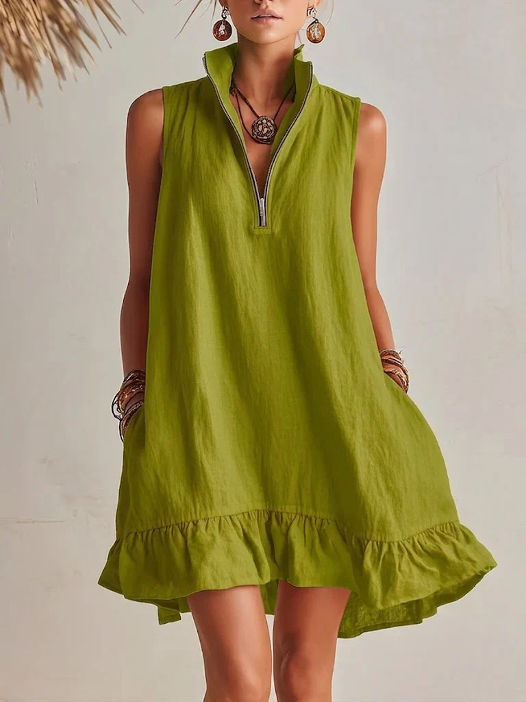 🌞 Half?Zip Stand?Collared Sleeveless Ruffle Hem Linen Mini Dress