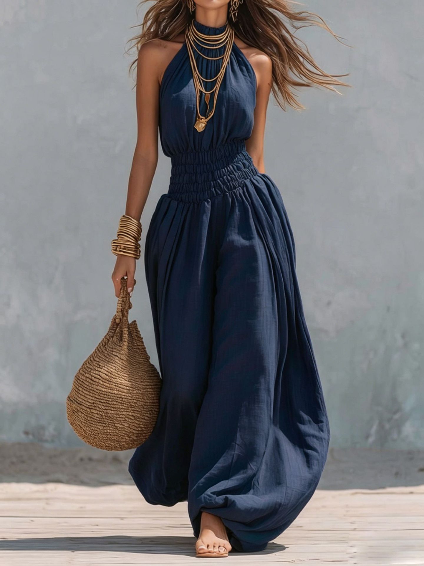 Bohemian Cotton-Linen Halter Smocked Balloon-Leg Jumpsuit