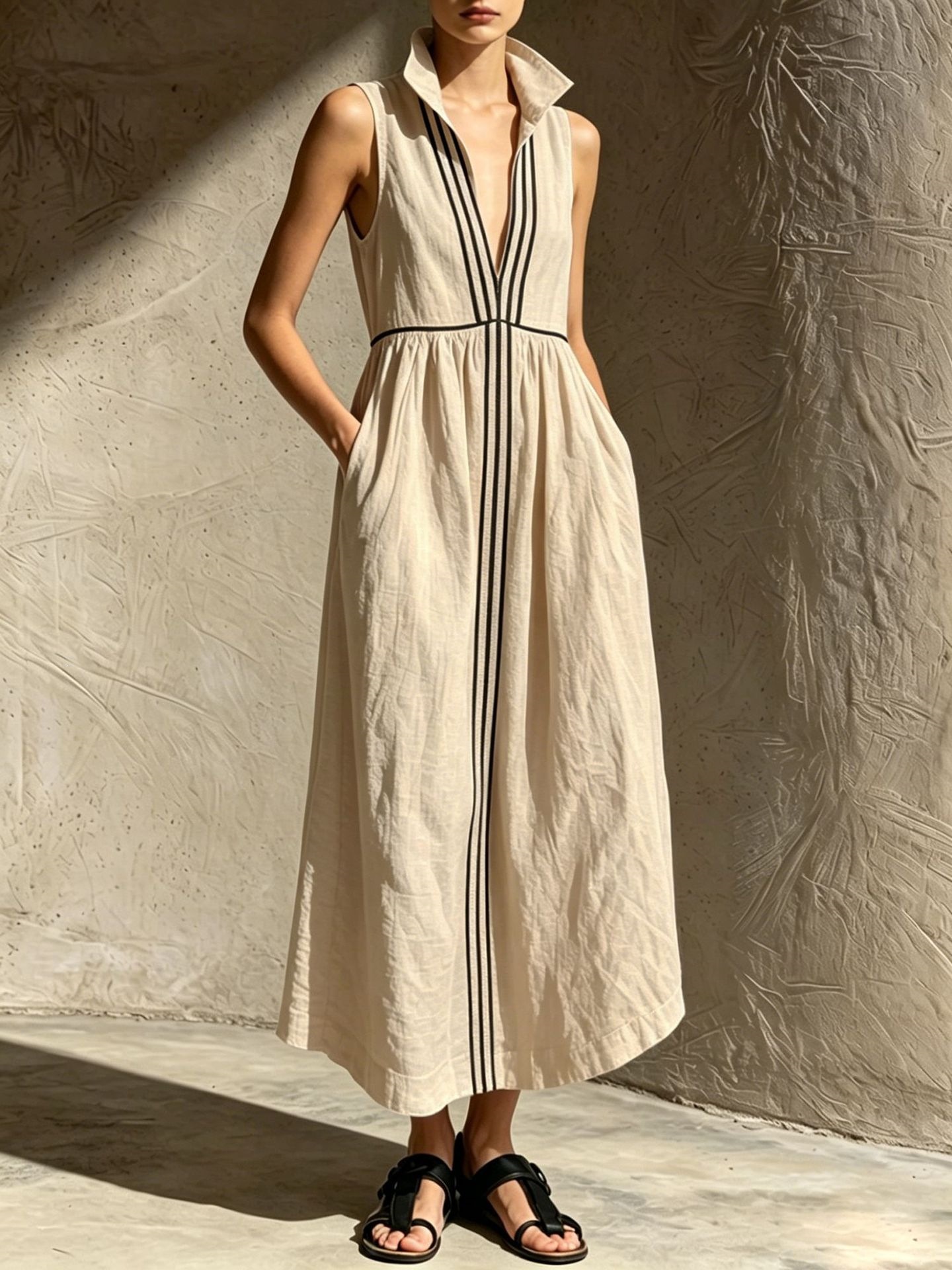 Stand-collar, Deep V-neck, Sleeveless Cotton-linen A-line Maxi Dress