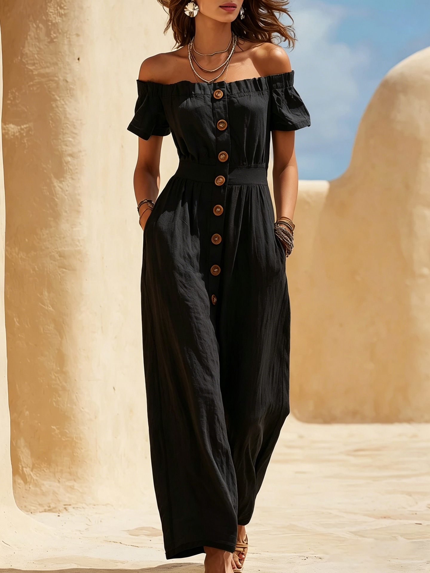 Off Shoulder Button Front Wide Leg Jumpsuit