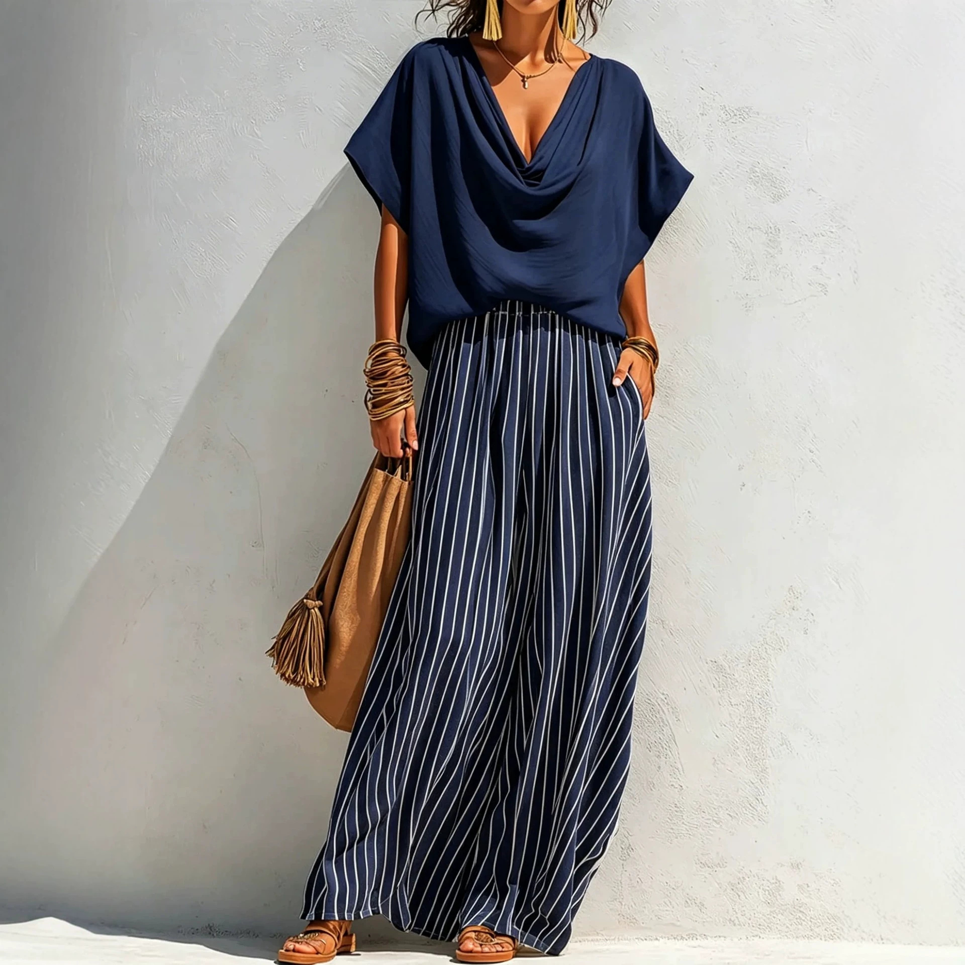 Women's Solid-color Cowl-neck Short-sleeve Loose-fit Cotton-linen Top & Elastic-waist Striped Wide-leg Cotton-linen Pants Set