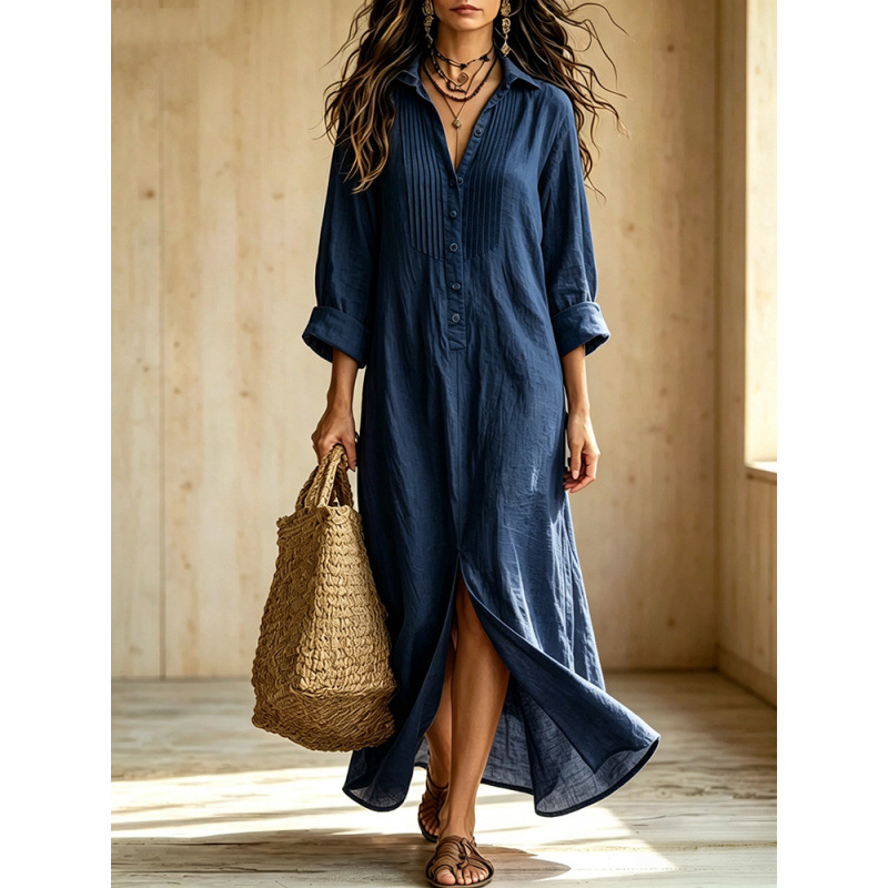 Linen Blend Shirt Maxi Dress | Roll‑Up Sleeve Button‑Front Loose Long Dress