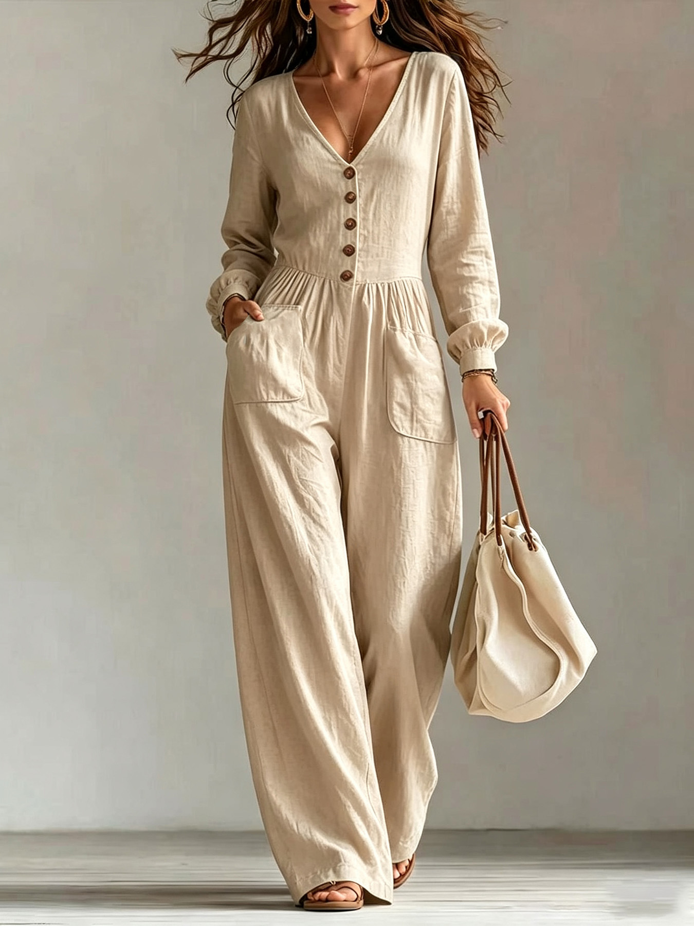 V‑Neck Button Front Linen Blend Jumpsuit | Long Sleeve Elastic Waist Wide Leg Jumpsuit with Pockets