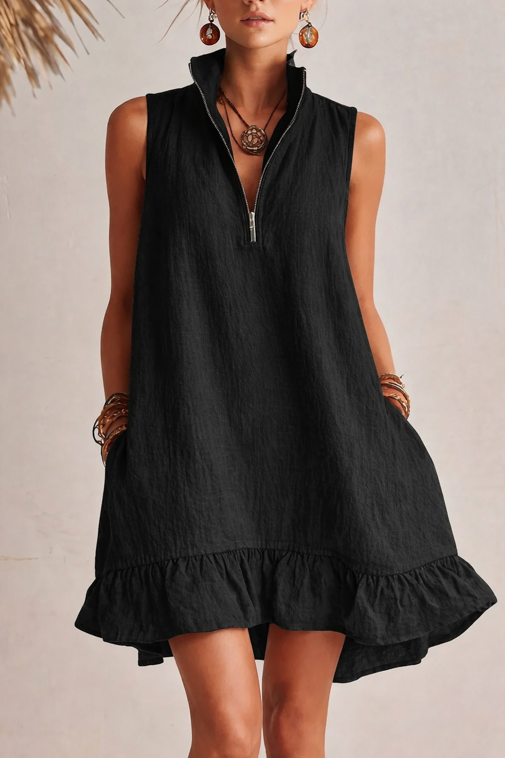 🌞 Half?Zip Stand?Collared Sleeveless Ruffle Hem Linen Mini Dress