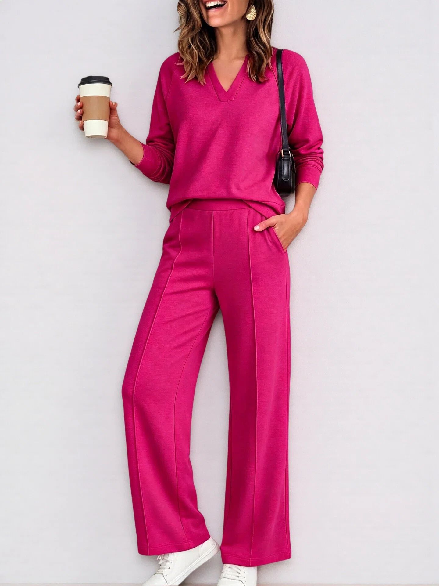 2‑Piece Soft Knit Co‑Ord Set | V‑Neck Long‑Sleeve Top & Front‑Seam Wide‑Leg Pants Casual Smart‑Casual Outfit