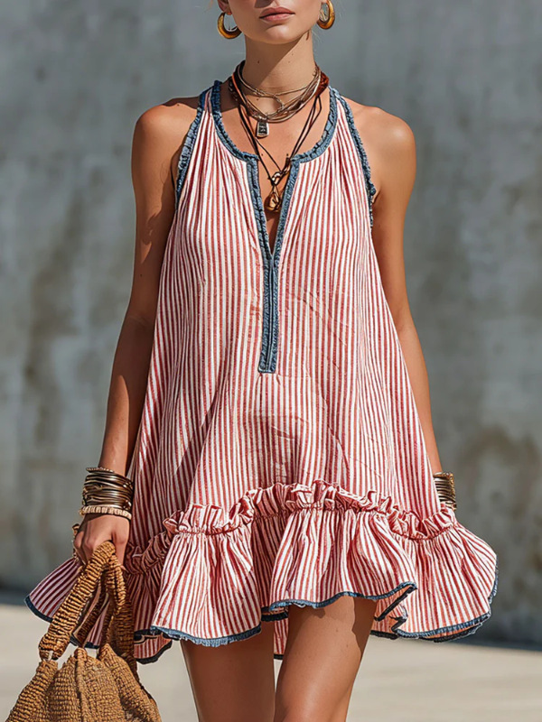 Fringe Denim Trim Vertical Stripe Halter Mini Swing Dress