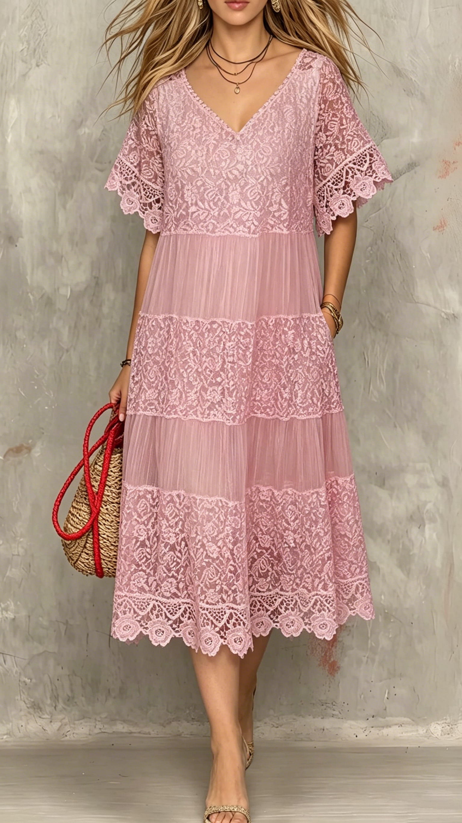 Women's Round-Neck Short-Sleeve Lace-Trimmed Dress
