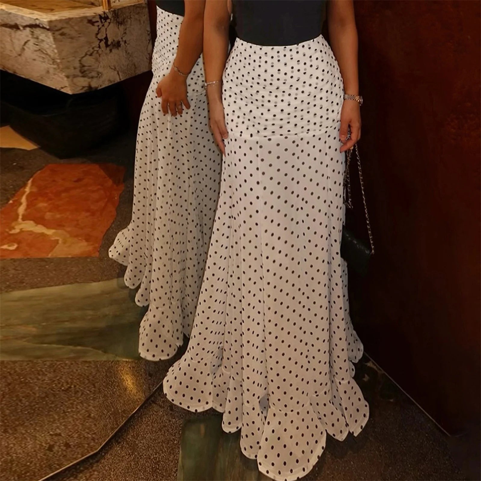 White Polka Dot Floor-length Chiffon Skirt