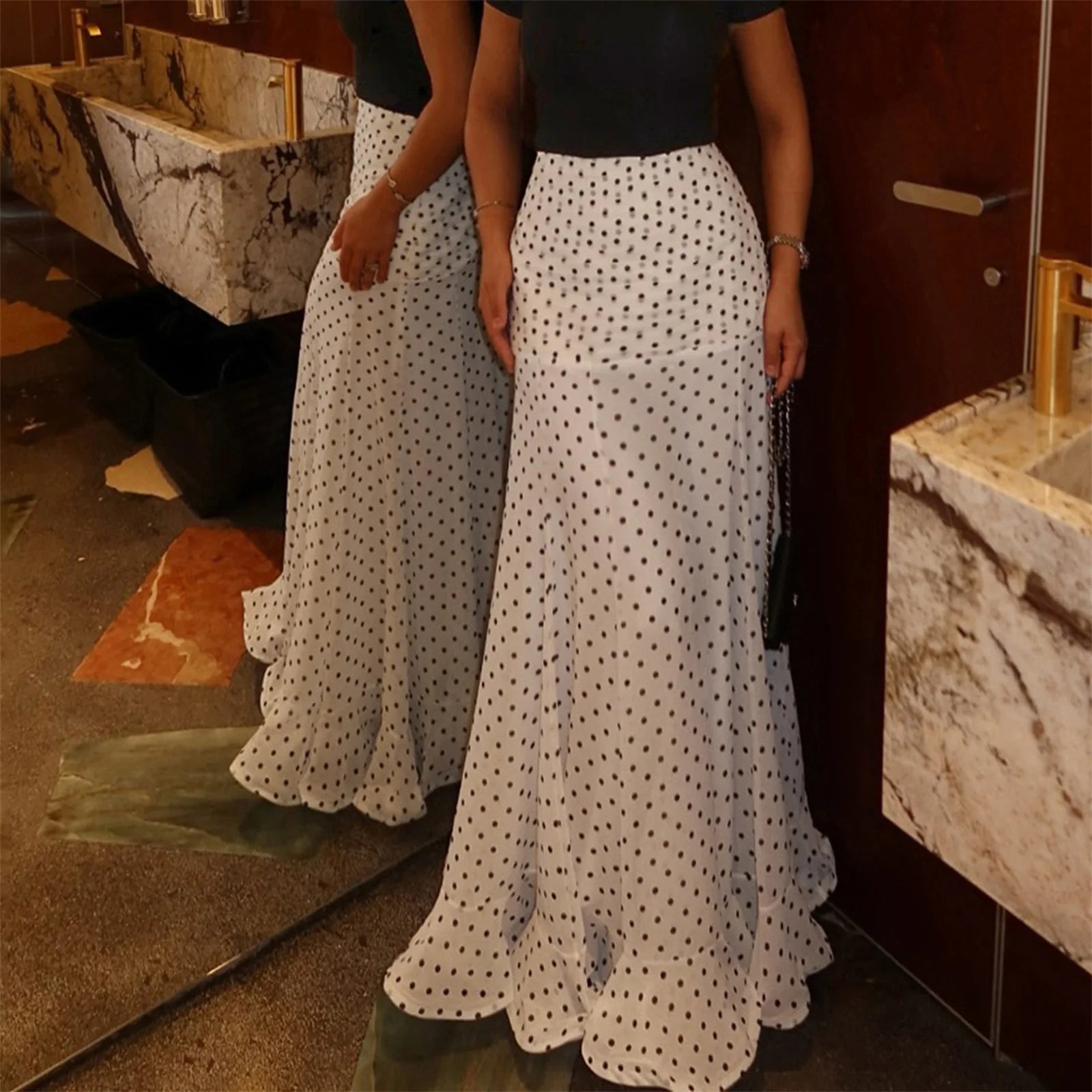 White Polka Dot Floor-length Chiffon Skirt