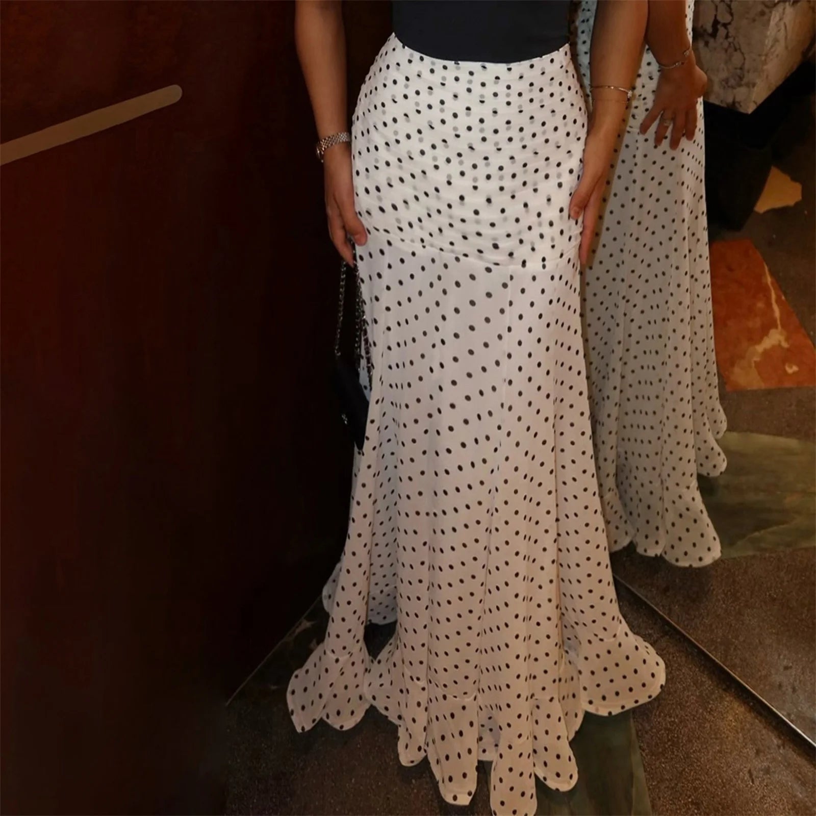 White Polka Dot Floor-length Chiffon Skirt