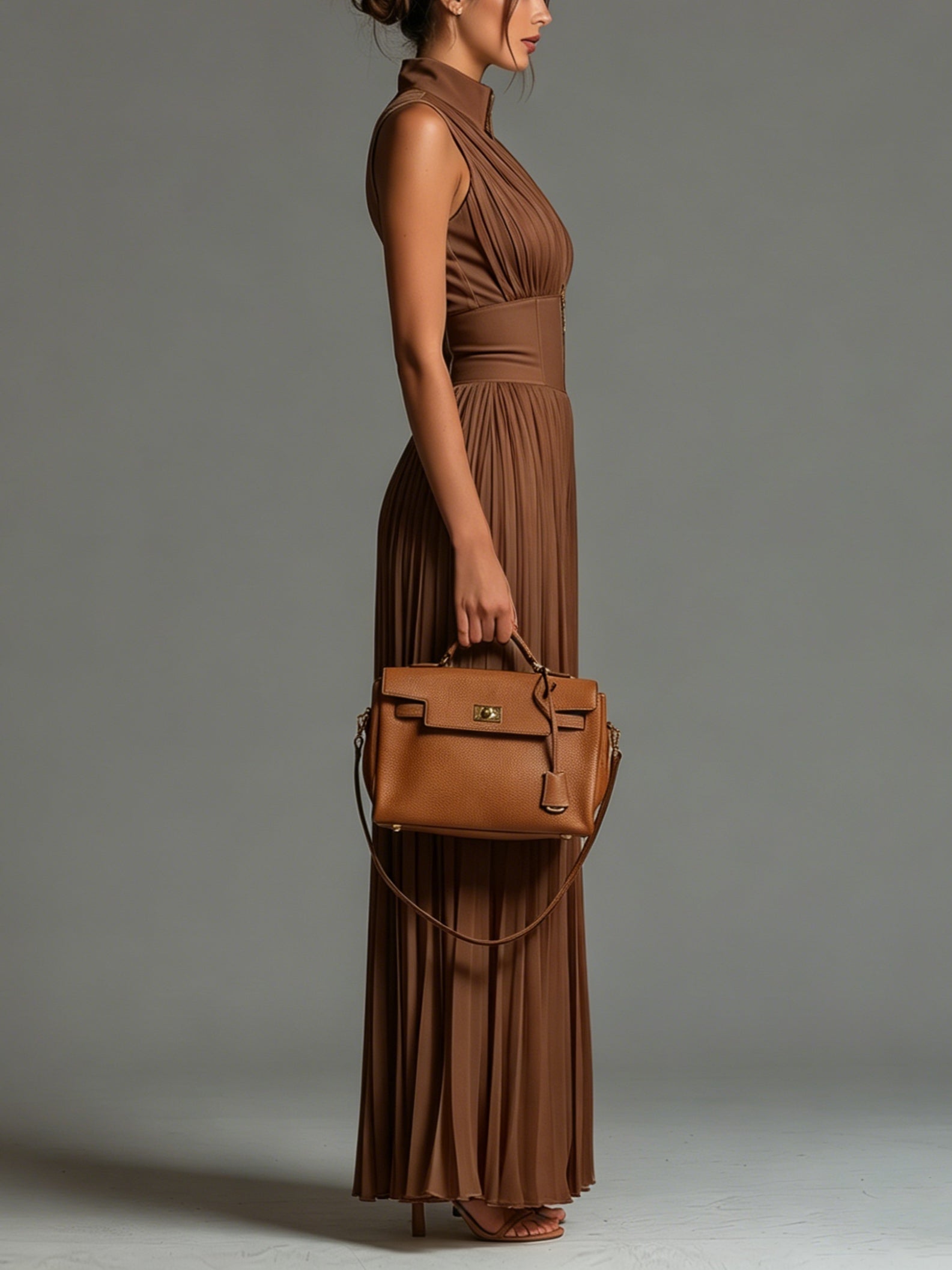 V-neck Sleeveless Zip-up Pleated Wide-leg Chiffon Jumpsuit