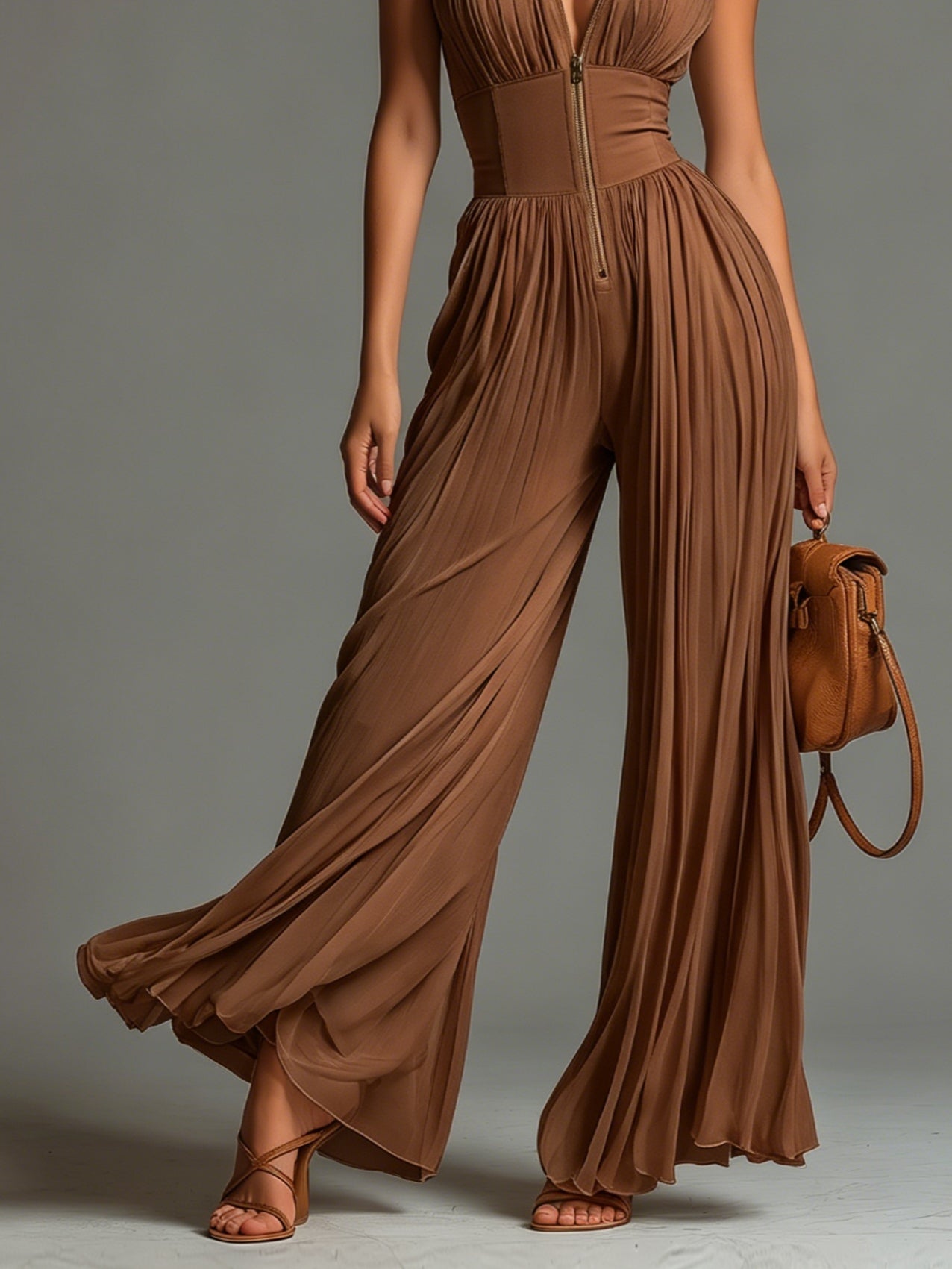 V-neck Sleeveless Zip-up Pleated Wide-leg Chiffon Jumpsuit