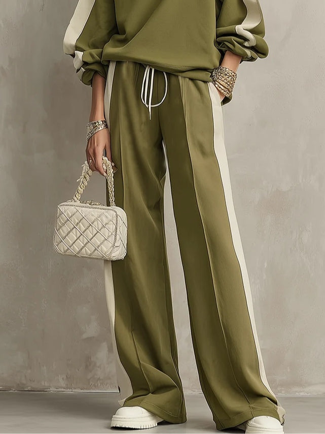 Olive Green Crew-neck Sweatshirt And Drawstring Wide-leg Pants Casual Set